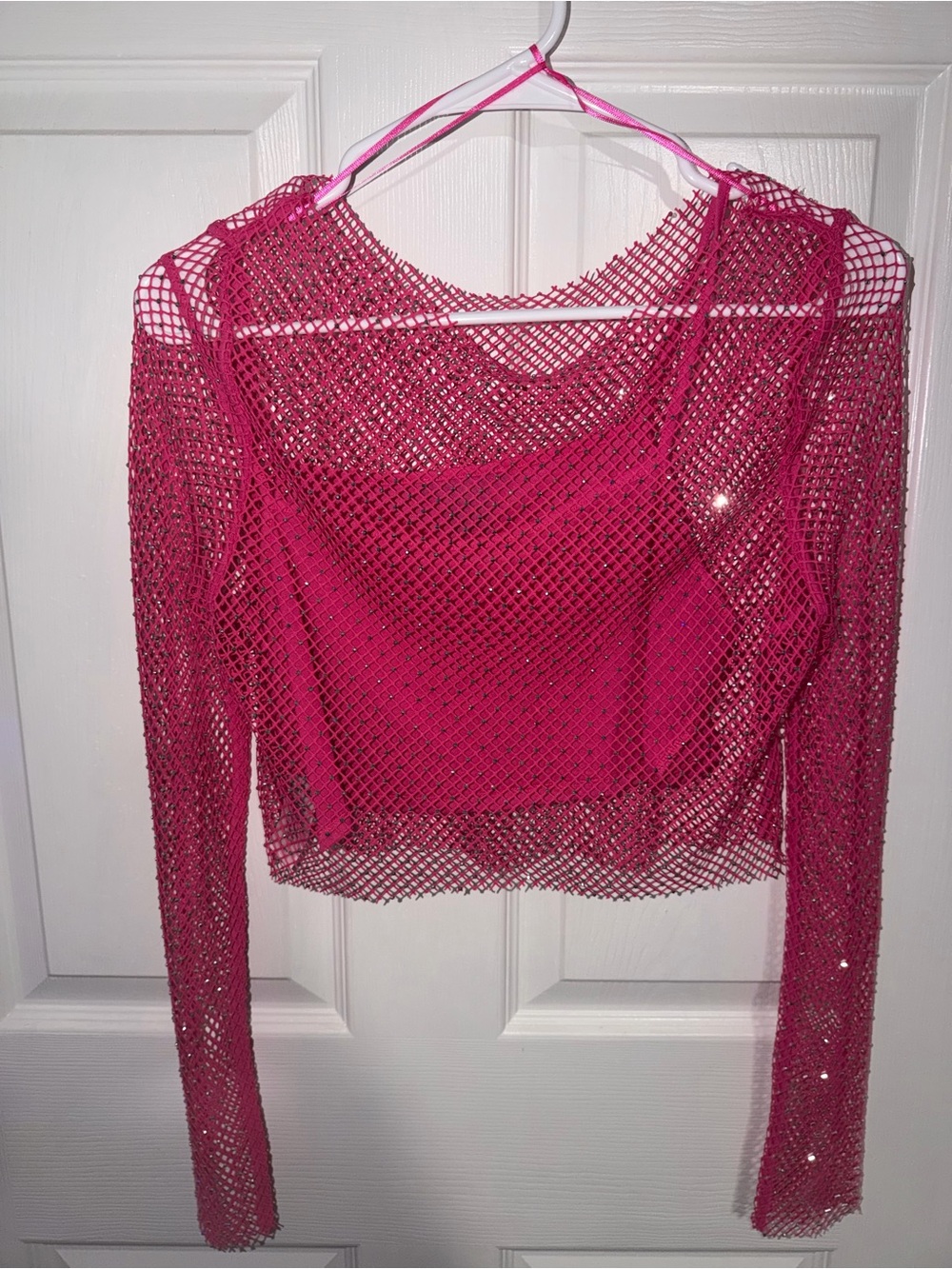 Sincerely Jules Hot Pink Mesh Long-Sleeve Cropped Top